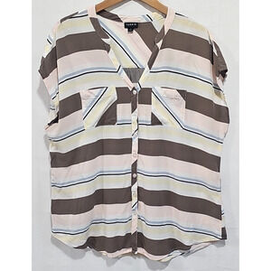 Torrid Womens Challis Button-Up Blouse Size 1X Pink Brown Stripped Dolman Sleeve